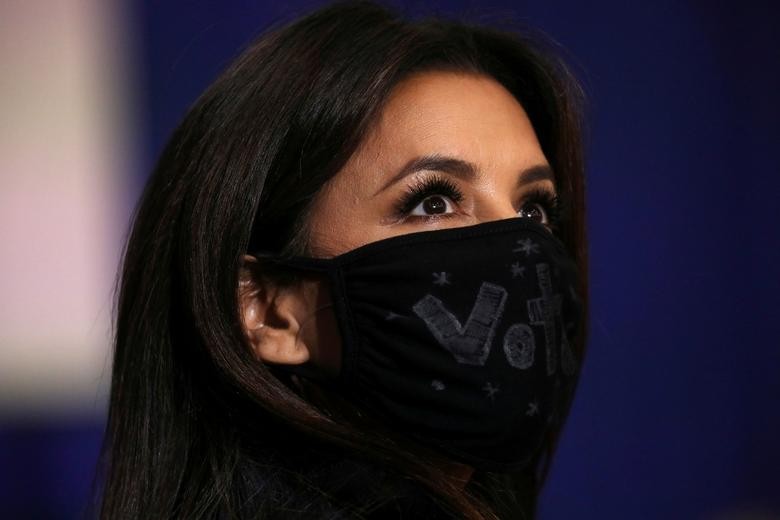 Actor Eva Longoria wears a face mask with the word "Vote" during a Hispanic Heritage Month event attended by Democratic U.S. presidential nominee Joe Biden at Osceola Heritage Park in Kissimmee, Florida. REUTERS/Leah Millis    